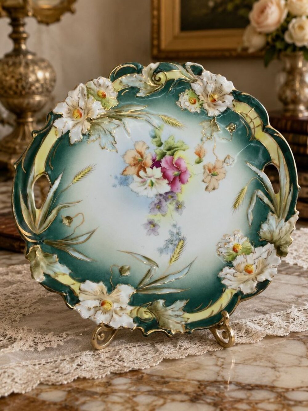 Vintage 10" Prussia Decorative Turquoise Floral Ceramic Plate Hanging White Pink